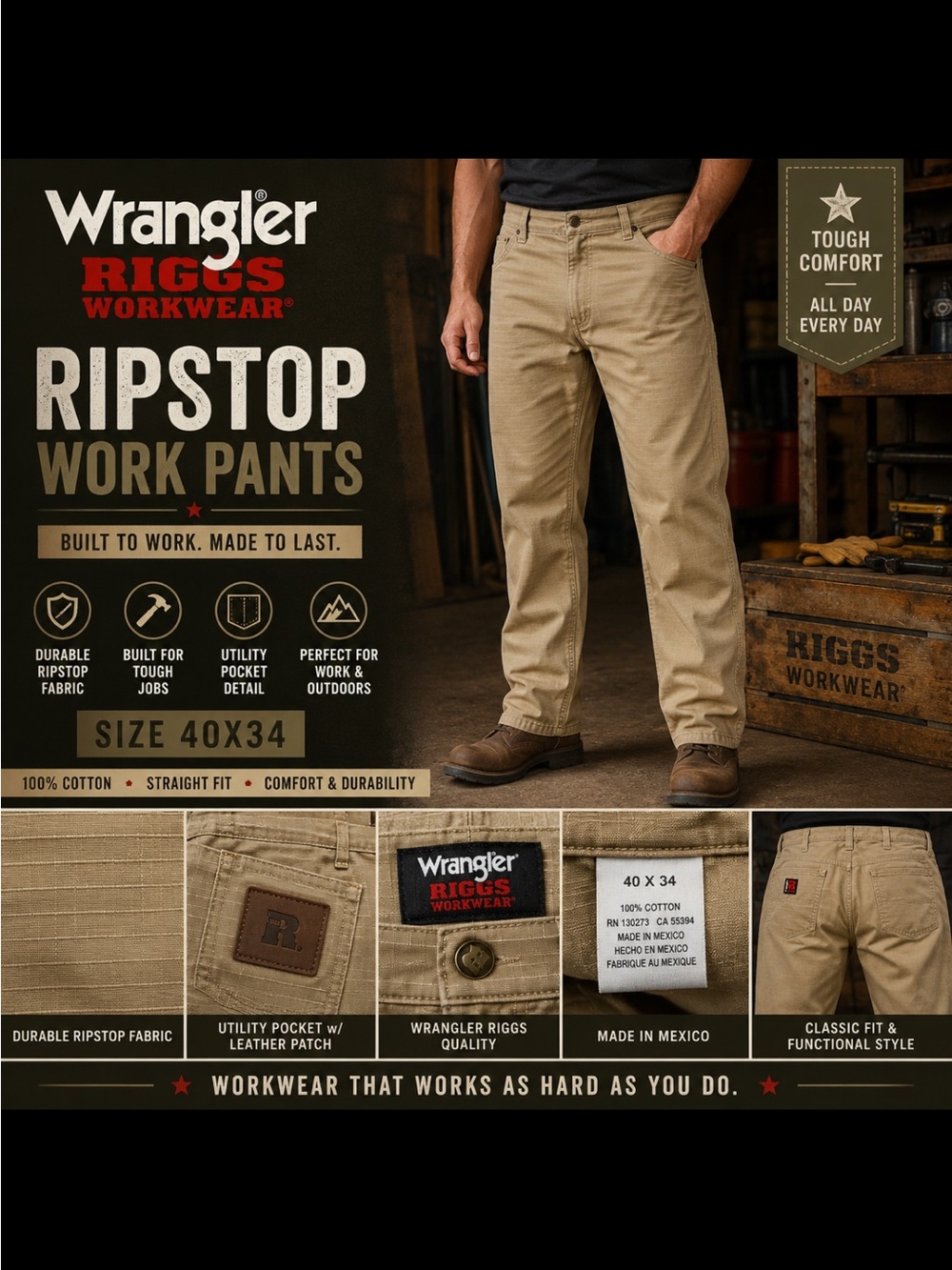 Wrangler Riggs Ripstop Work Pants - Tan